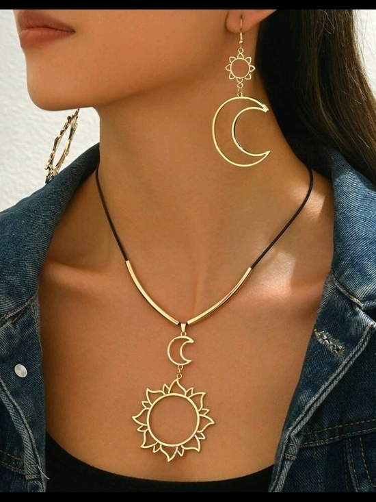 Jewelry - Gold Sun Crescent Pendant Necklace Earring Set Women Jewelry
